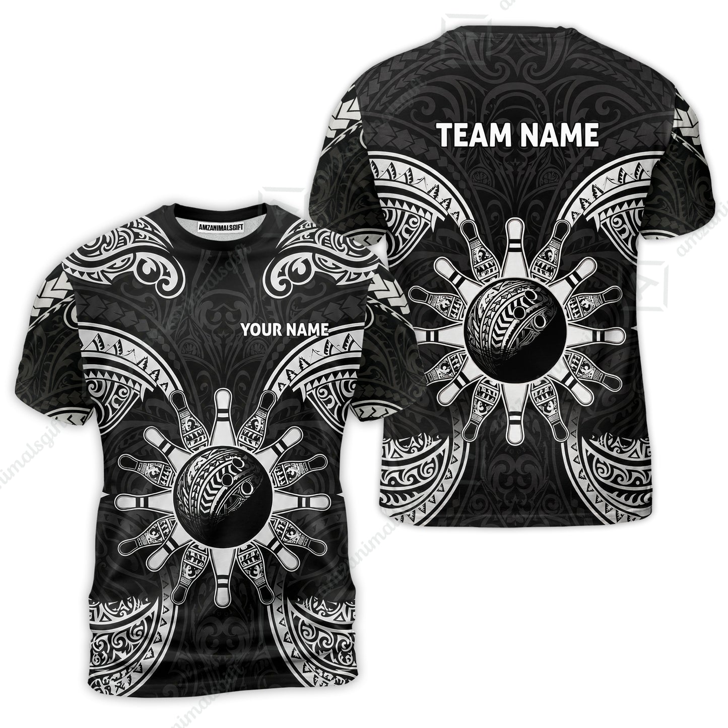 Custom Bowling Jersey Polo Shirt, Symmetric Polynesian Tribal Art Bowling, Custom Bowling Jersey Team Shirt For Players With Name and Team Name