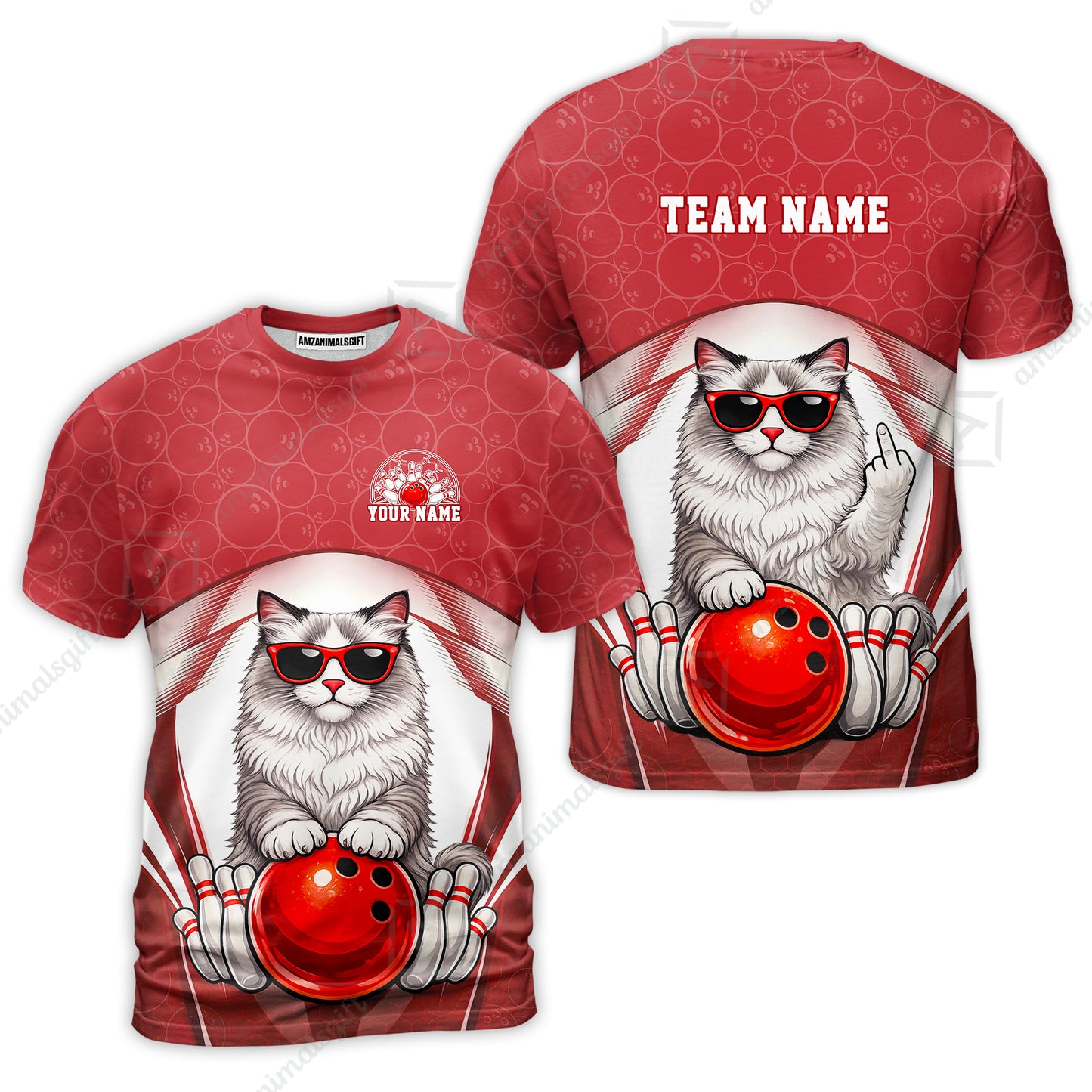 Custom Bowling Polo Shirt, Funny Cat with Sunglasses Bowling Custom Bowling Polo Team Shirt For Players With Name & Team Name