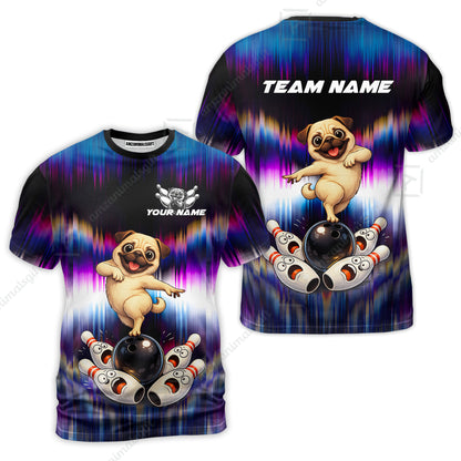 Custom Bowling Jersey Polo Shirt, Neon Cosmic Pug Bowling Custom Bowling Jersey Team Shirt For Players With Name & Team Name
