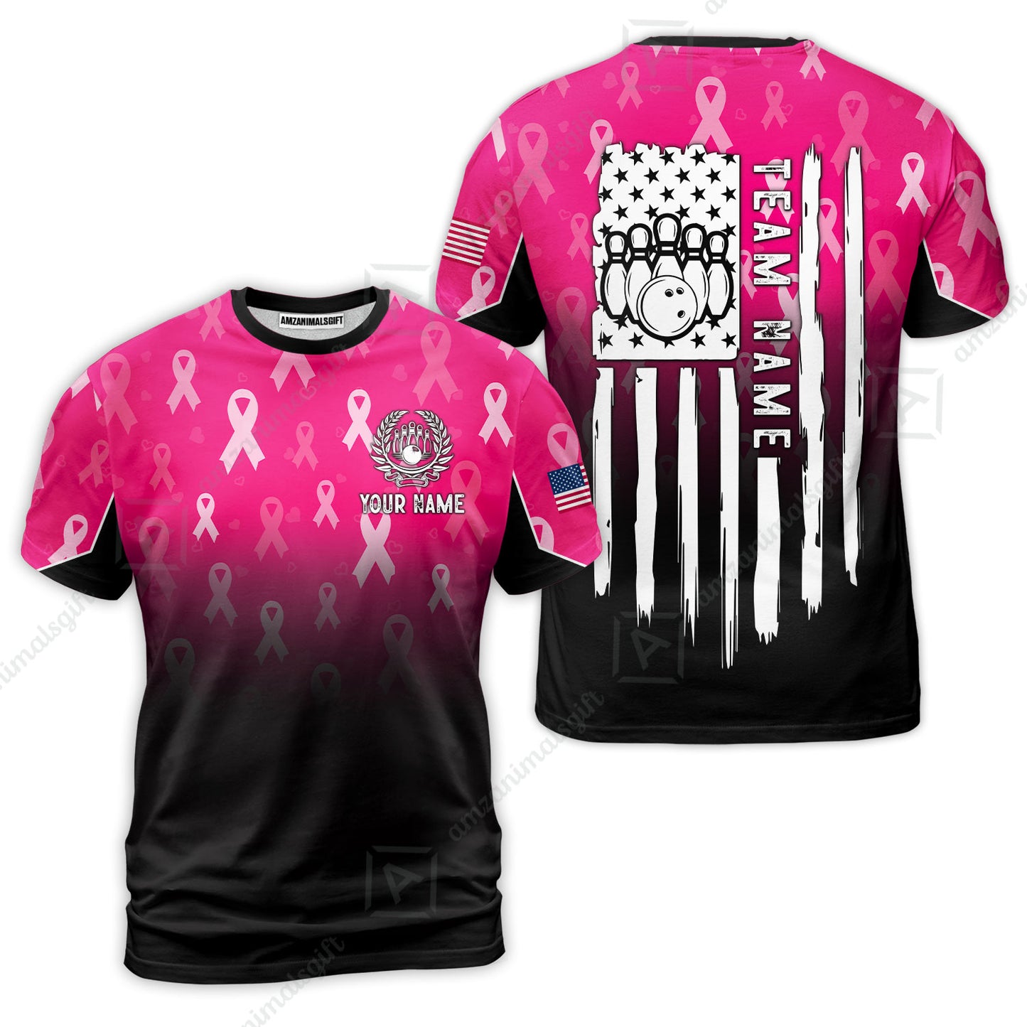 Custom Bowling Jersey Polo Shirt, Ribbon Breast Cancer Awareness Flag, Custom Bowling Jersey Team Shirt For Players With Name and Team Name