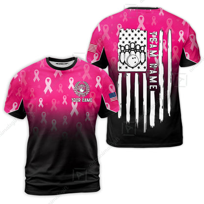 Custom Bowling Jersey Polo Shirt, Ribbon Breast Cancer Awareness Flag, Custom Bowling Jersey Team Shirt For Players With Name and Team Name