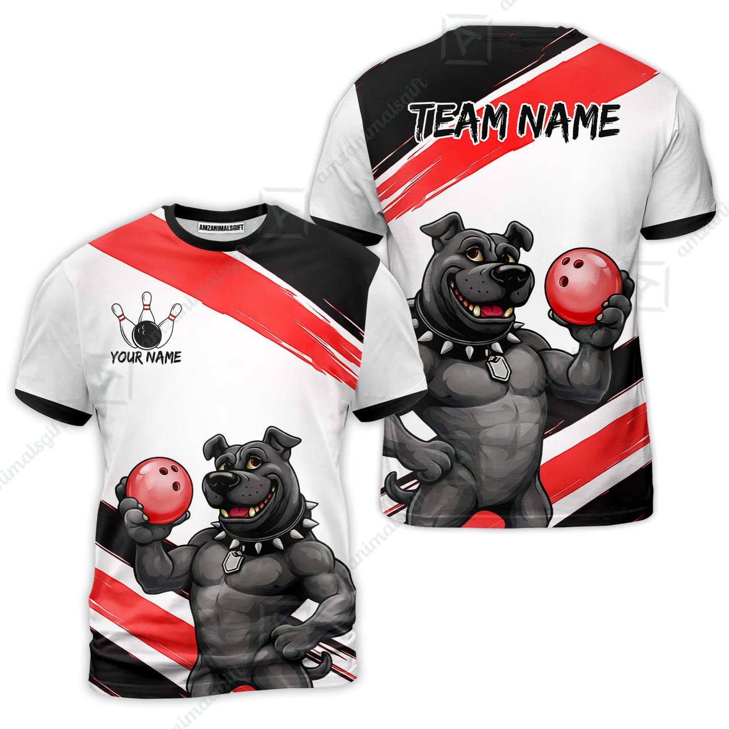 Custom Bowling Jersey Polo Shirt, Pitbull Hold Bowling Ball, Custom Bowling Jersey Team Shirt For Players With Name & Team Name