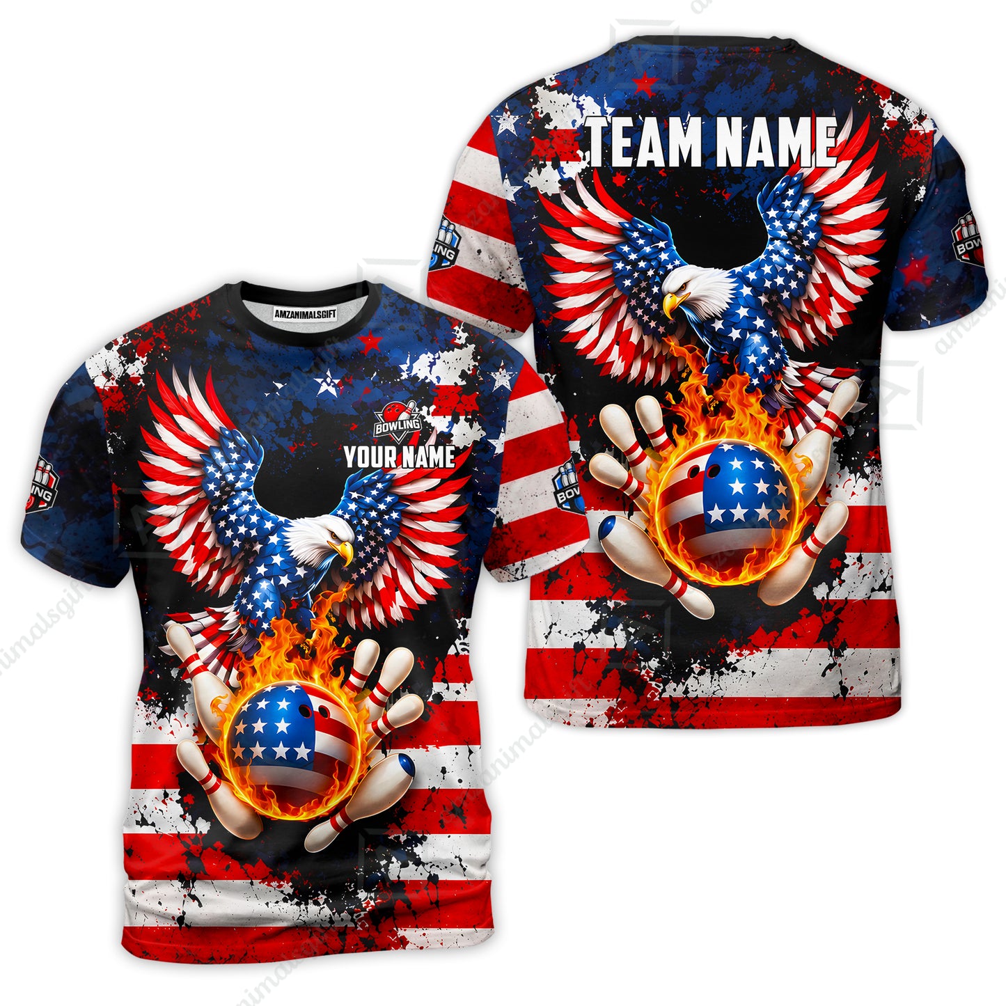 Customized USA Bald Eagle Fire Ball Bowling Jersey, Custom Name And Team Name For Bowlers
