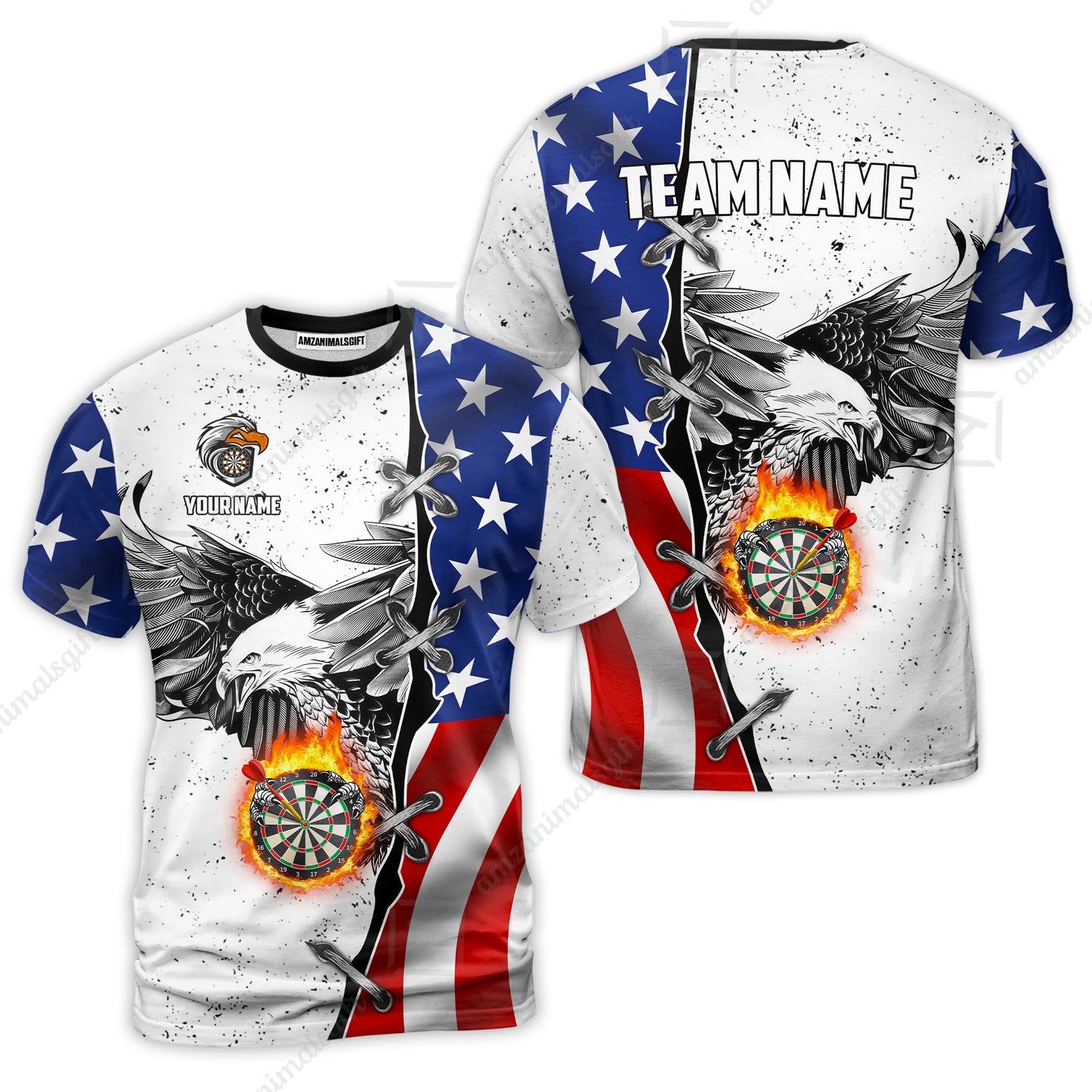 Customized Darts Team Uniform Shirt Darts US Flag White Eagle Flame Pin Dust Pattern, Personalized Name And Team Name