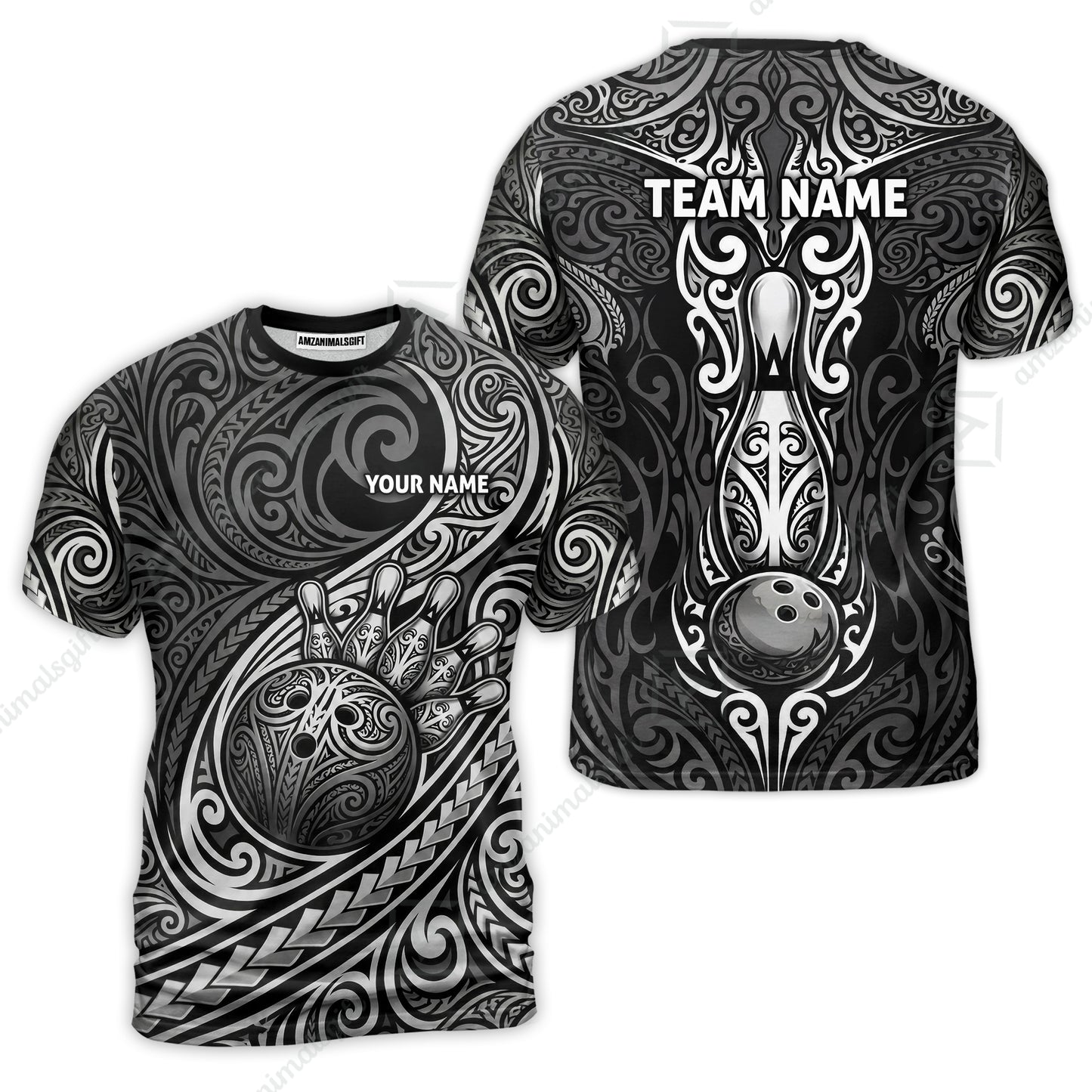 Custom Bowling Jersey Polo Shirt, Intricate Monochrome Tribal Spirit Bowling, Custom Bowling Jersey Team Shirt For Players With Name and Team Name