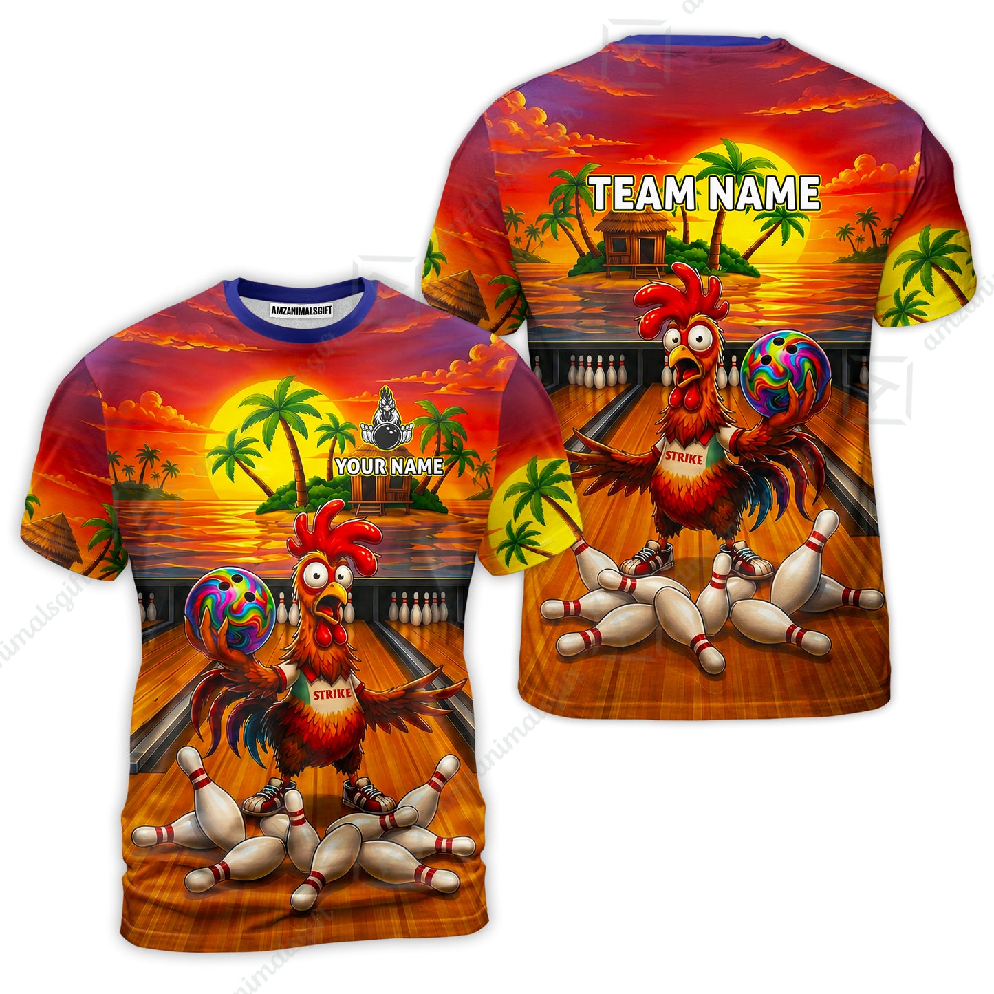 Custom Bowling Jersey Polo Shirt, Funny Tropical Island Rooster Strike, Custom Bowling Jersey Team Shirt For Players With Name and Team Name