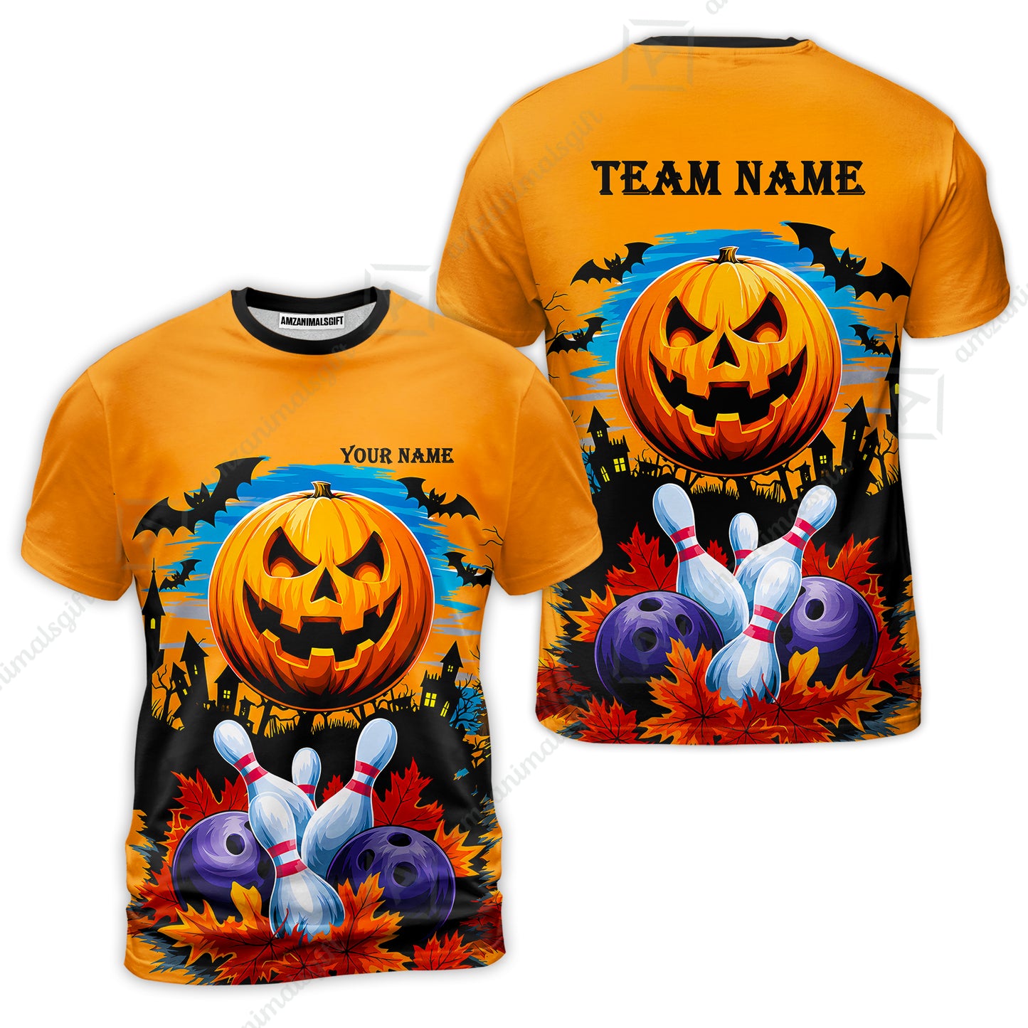 Custom Bowling Jersey Polo Shirt, Halloween Pumpkin Bowling, Personalize Name and Team Name