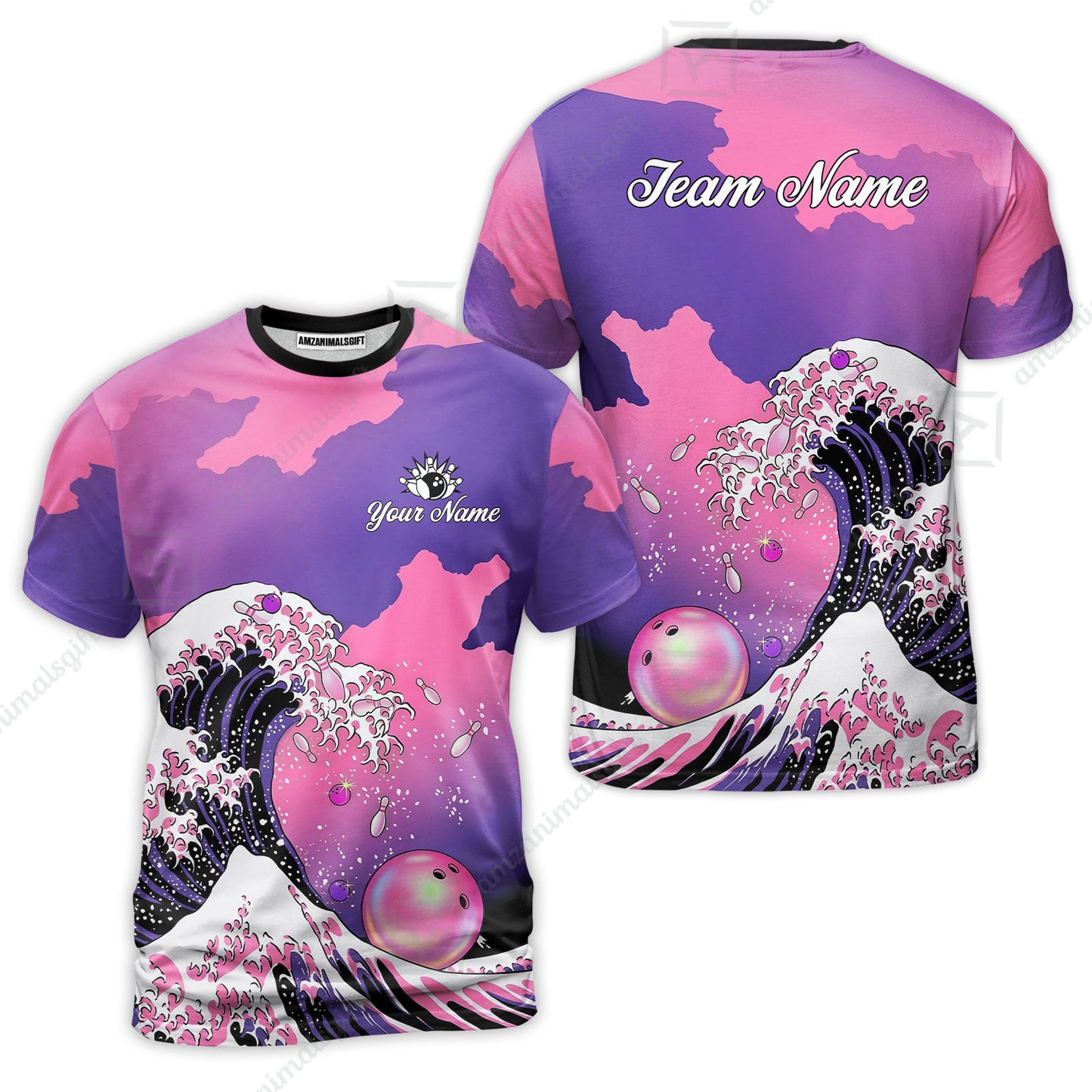 Custom Bowling Polo Shirt, Ocean Wave Bowling, Custom Bowling Polo Team Shirt For Players With Name & Team Name