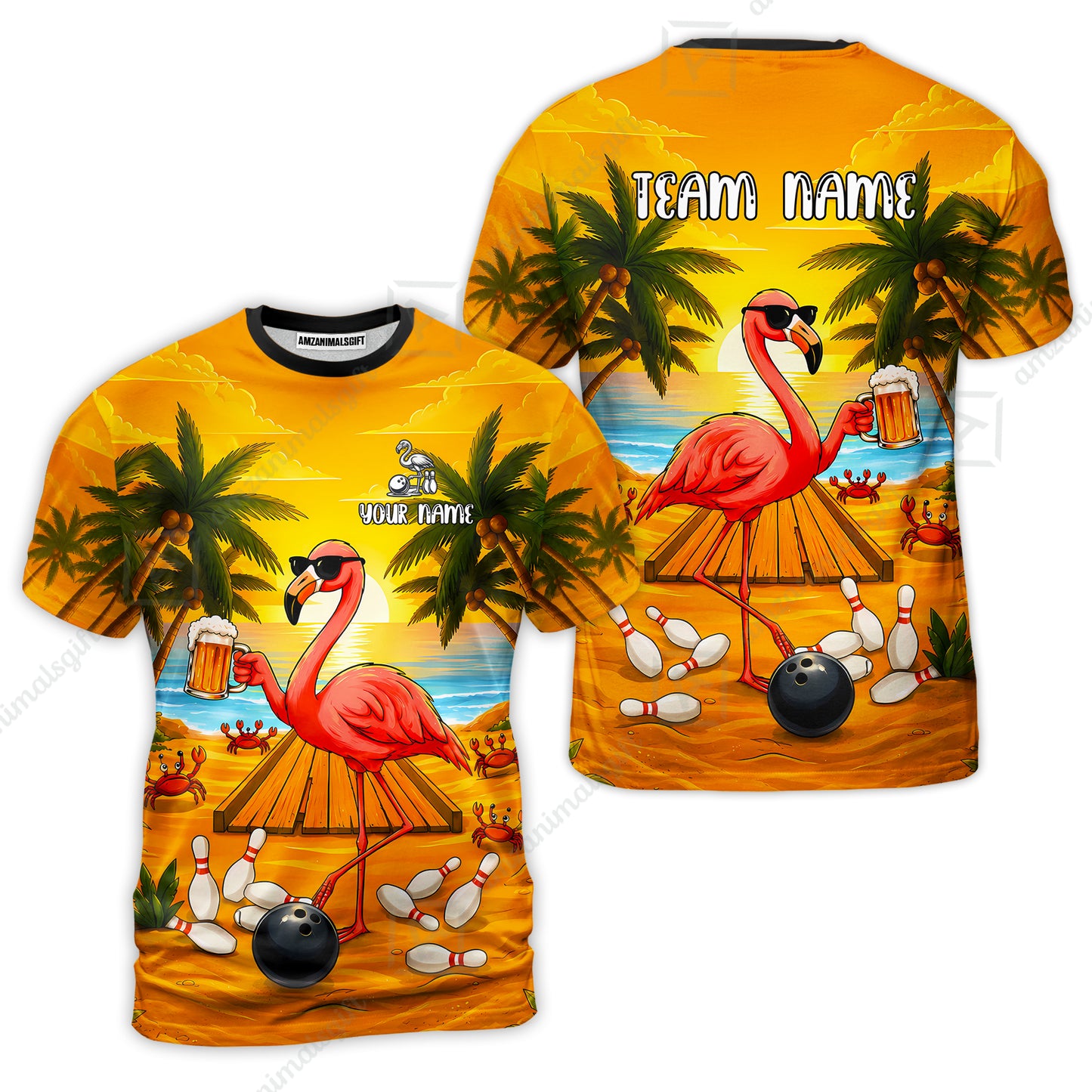 Customized Bowling Shirt, Beer & Flamingo Bowler Summer Vibe, Personalized Polo Shirt For Players With Name & Team Name