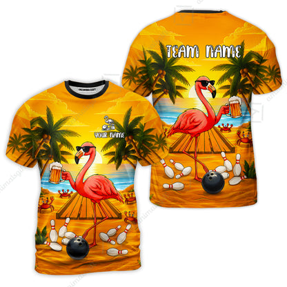 Customized Bowling Shirt, Beer & Flamingo Bowler Summer Vibe, Personalized Polo Shirt For Players With Name & Team Name