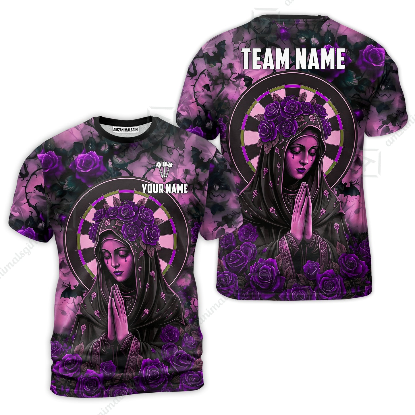 Custom Darts Jersey Polo Shirt, Gothic Madonna And Blue Rose, Custom Dart Jersey Team Shirt For Players With Name & Team Name