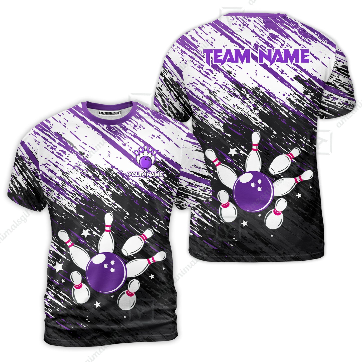 Customized Bowling Unisex Polo Shirt, Floral Pattern Black Purple Brush Wrap Abstract, Personalized Name Team Name