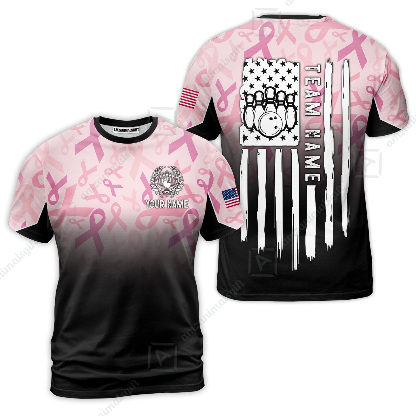 Custom Bowling Jersey Polo Shirt, Ribbon Breast Cancer Awareness Flag, Custom Bowling Jersey Team Shirt For Players With Name and Team Name