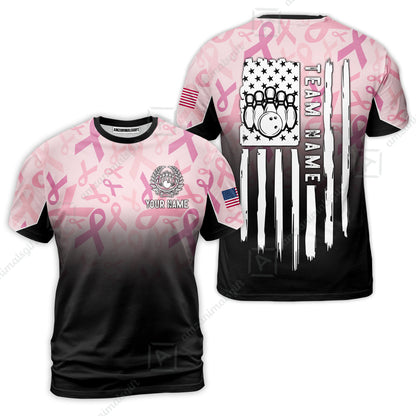 Custom Bowling Jersey Polo Shirt, Ribbon Breast Cancer Awareness Flag, Custom Bowling Jersey Team Shirt For Players With Name and Team Name