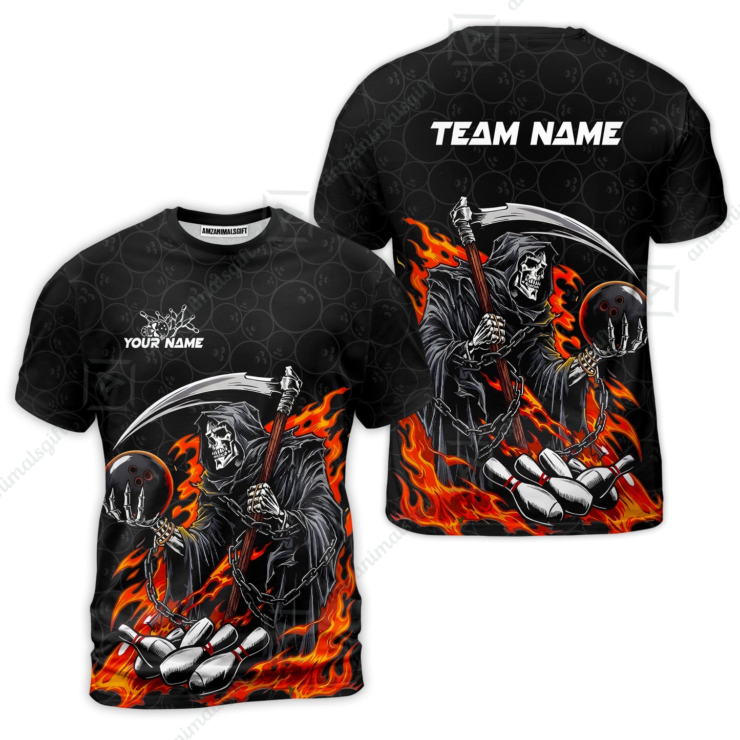Custom Bowling Jersey Polo Shirt, Grim Reaper Holding Ball, Personalize Name and Team Name