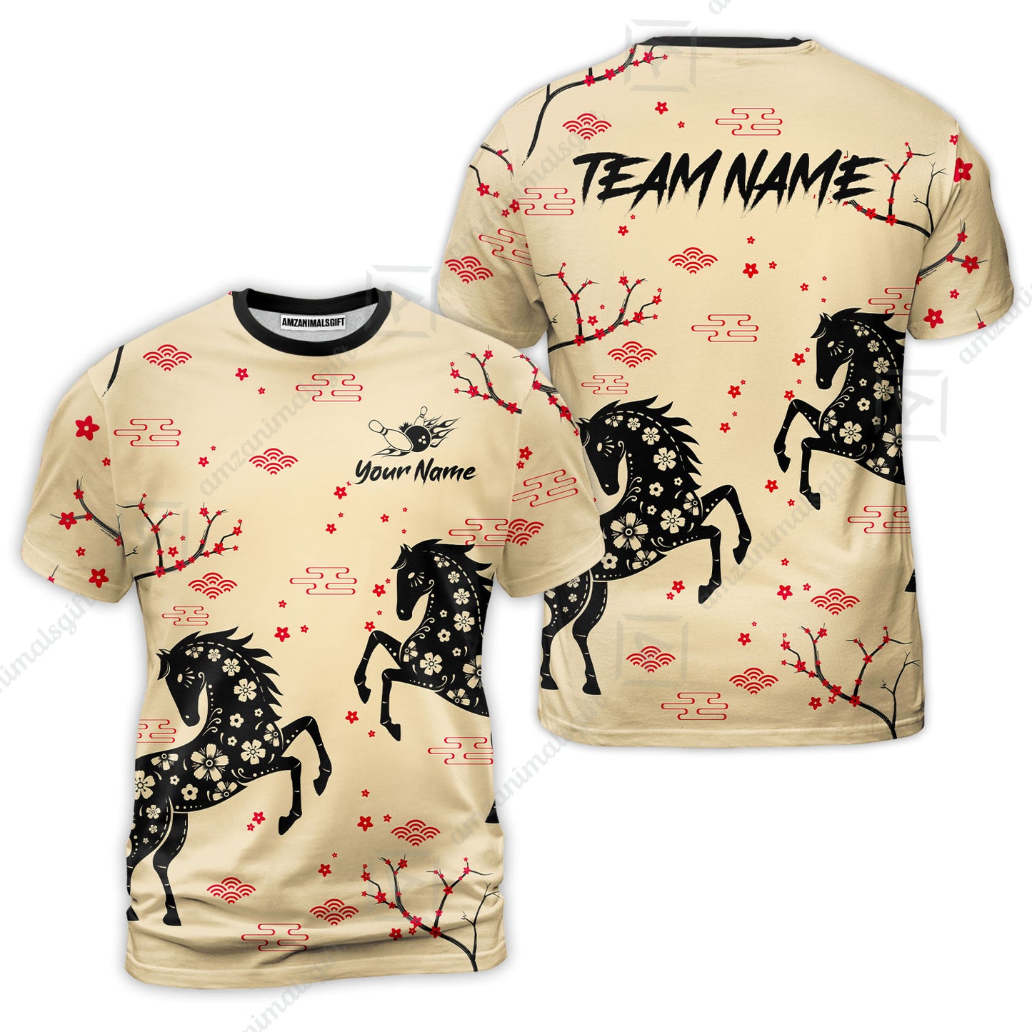 Customized Bowling Unisex Polo Shirt, Floral Pattern Horse Cherry Blossom, Bowling Uniform - Personalized Name Team Name