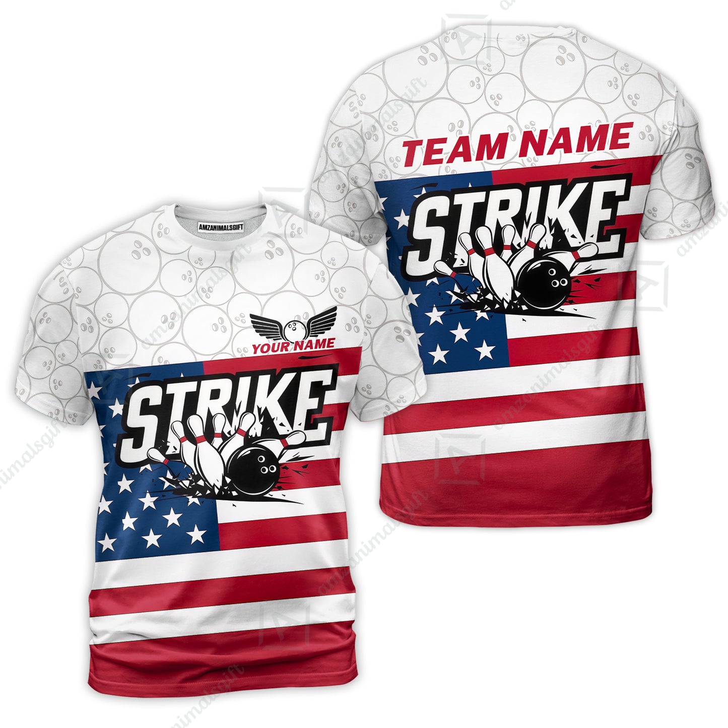 Custom Bowling Jersey Polo Shirt, Classic American Flag Block Strike, Custom Bowling Jersey Team Shirt For Players With Name and Team Name