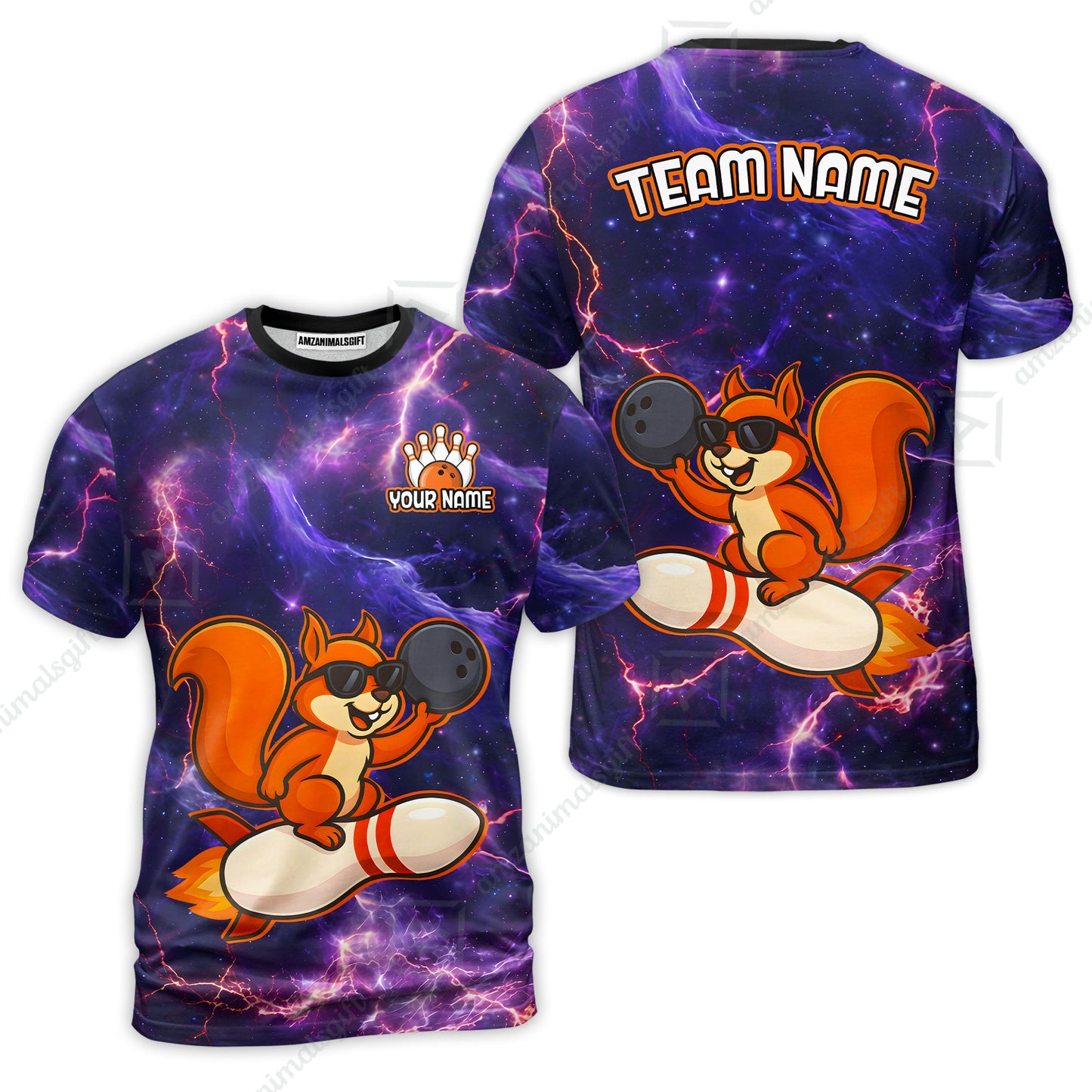 Funny Bowling Custom Polo T-Shirt - Fun Cartoon Purple Galaxy With Lightning Squirrel Wearing Sunglasses, Personalized Bowling Jersey Polo Shirts