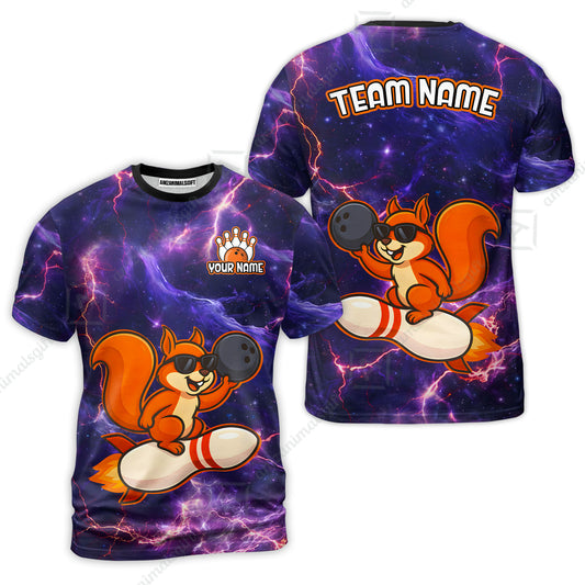 Funny Bowling Custom Polo T-Shirt - Fun Cartoon Purple Galaxy With Lightning Squirrel Wearing Sunglasses, Personalized Bowling Jersey Polo Shirts