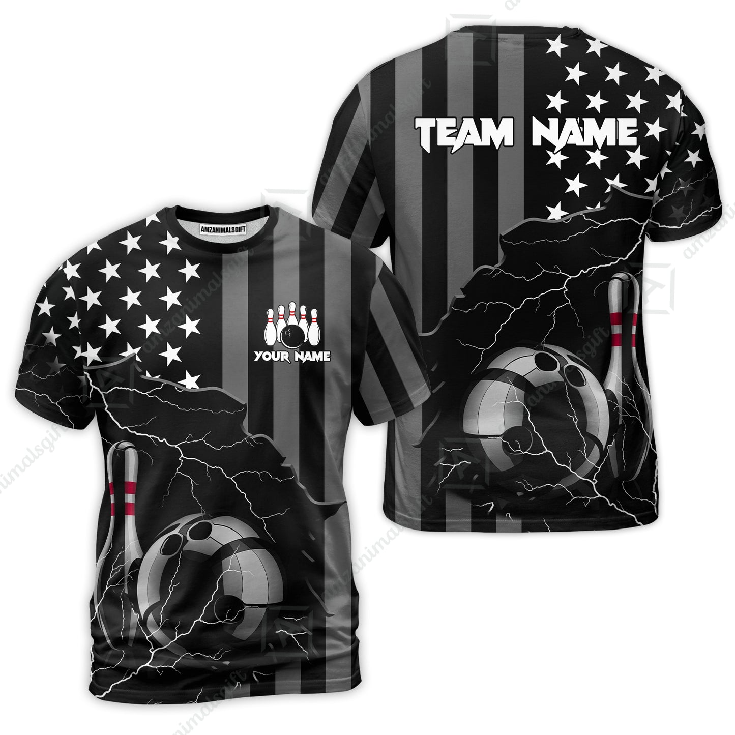 Custom Bowling Jersey Polo Shirt, Monochrome Lightning Flag Storm, Custom Bowling Jersey Team Shirt For Players With Name and Team Name