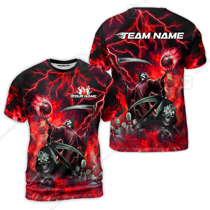 Custom Bowling Team Quarter-Zip Polo Shirt, Grim Reaper Skull With Flame Bowling Lightning Design for Bowlers, Personalized Shirt with Name and Team Name