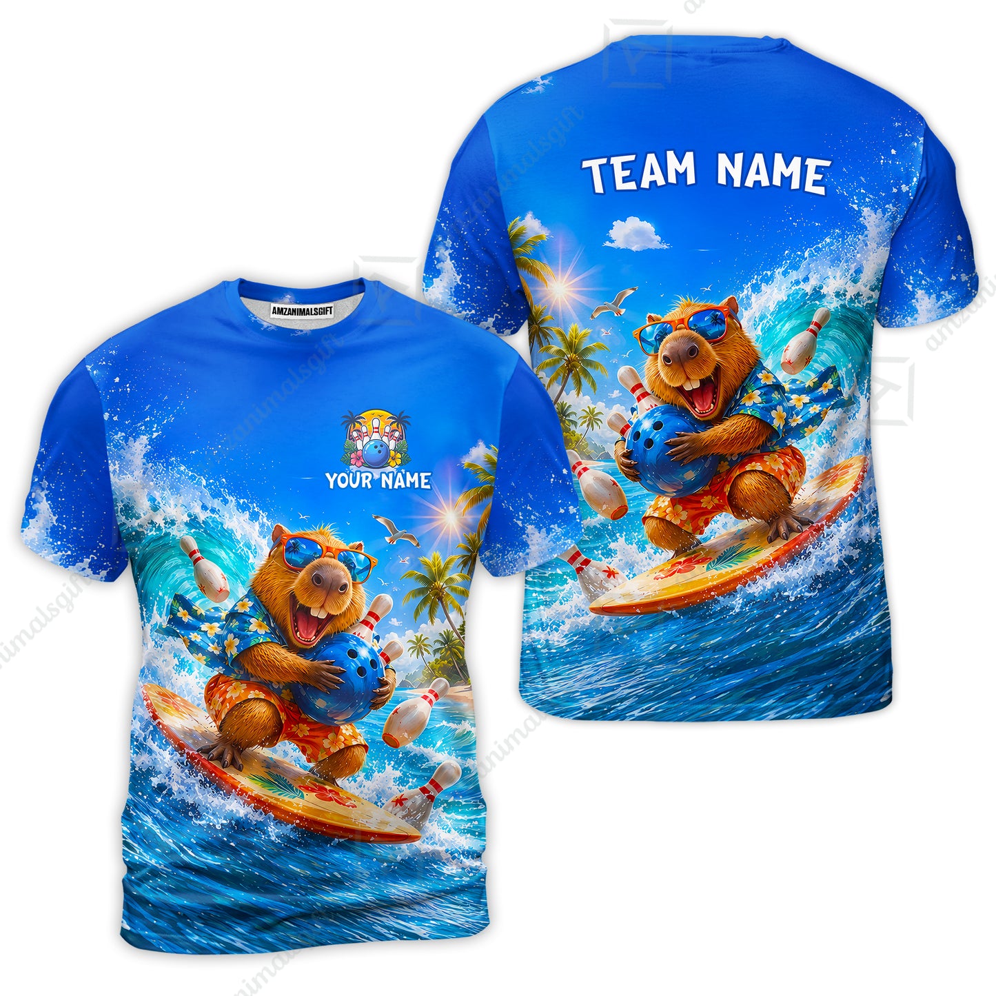Custom Bowling Jersey Polo Shirt, Surfing Capybara, Personalized Name And Team Name