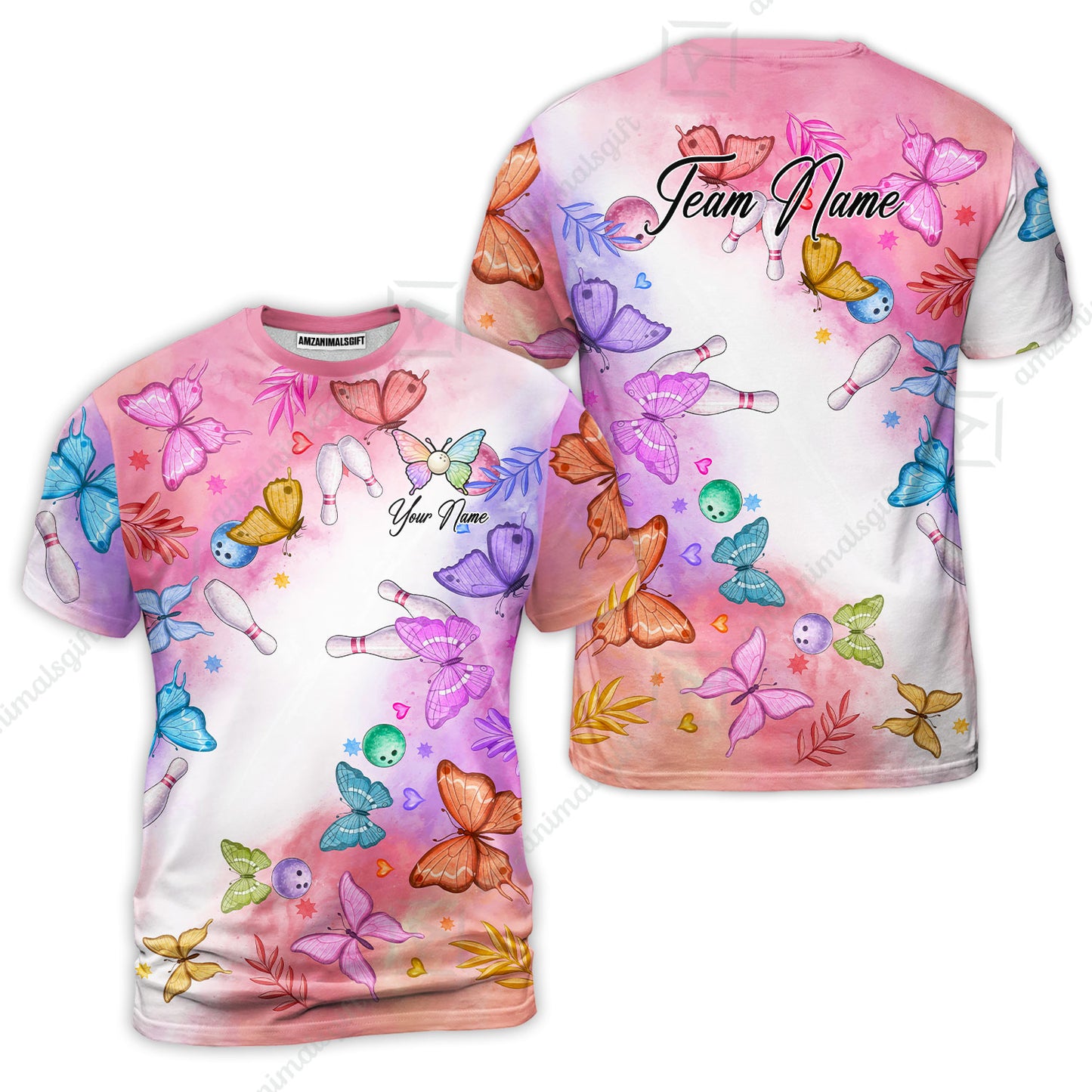 Custom Bowling Jersey Polo Shirt, Whimsical Butterfly Watercolor, Custom Bowling Jersey Team Shirt For Players With Name and Team Name