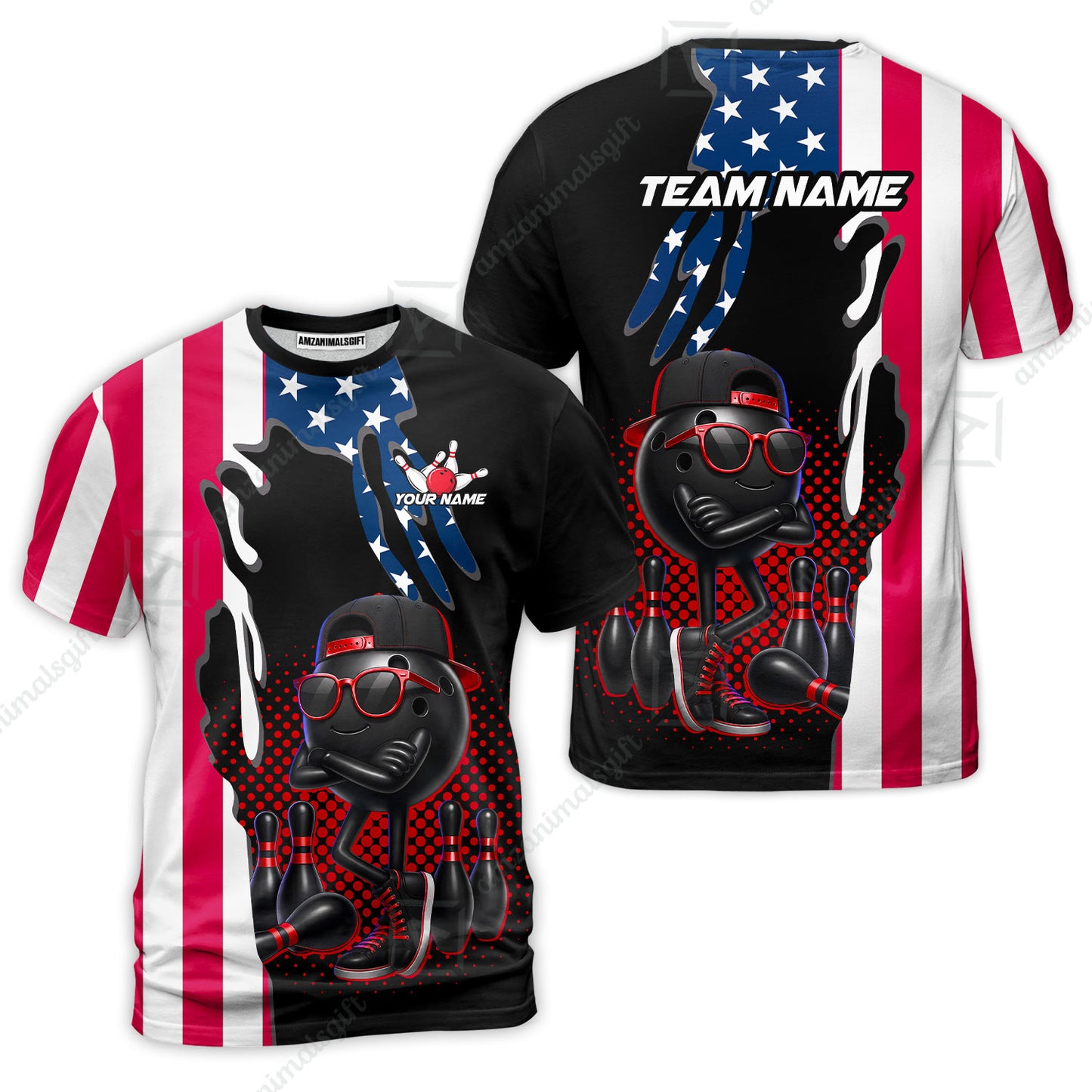 Custom Bowling Jersey Polo Shirt, Cool Hip Hop Patriotic Ball Mascot, Custom Bowling Jersey Team Shirt For Players With Name and Team Name
