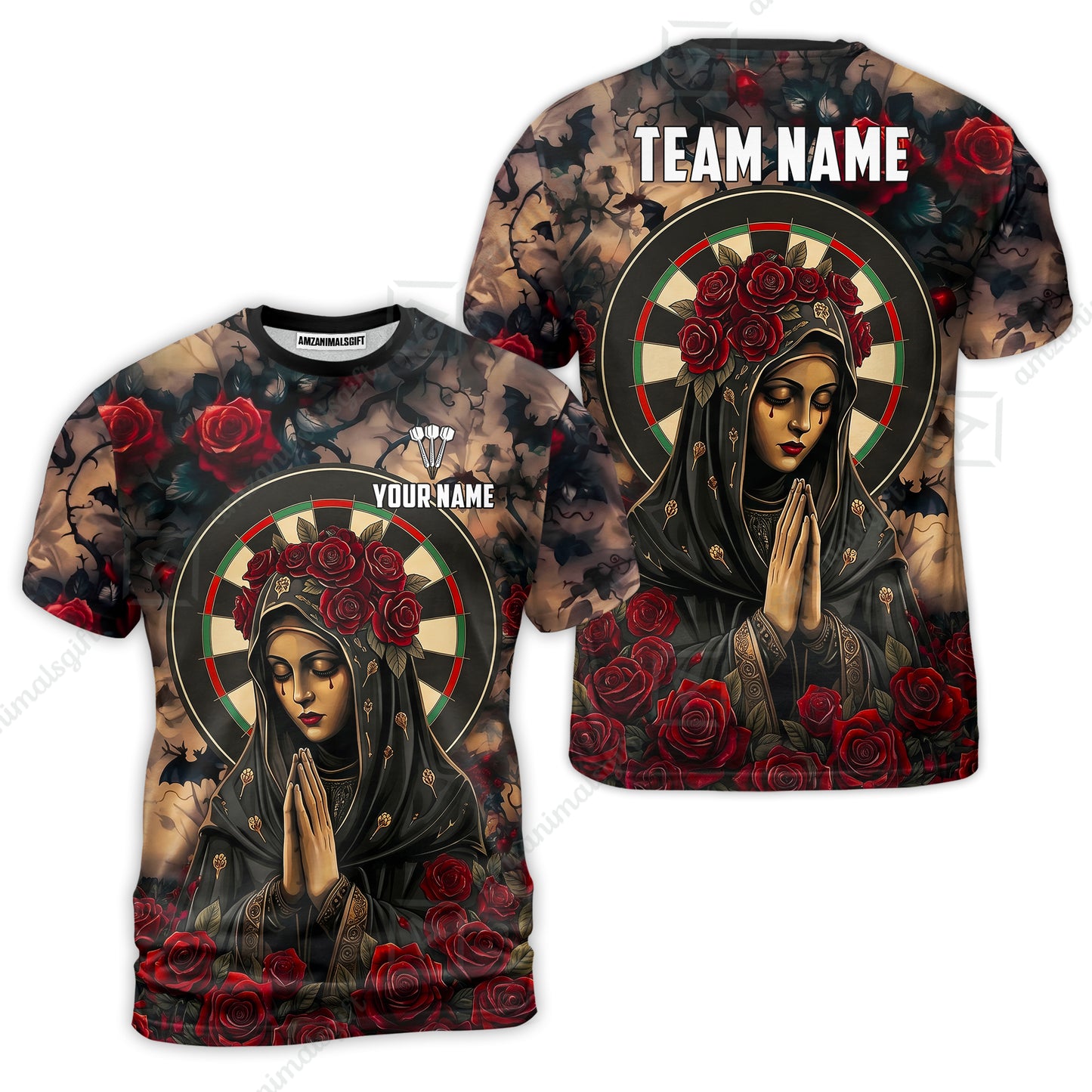 Custom Darts Jersey Polo Shirt, Gothic Madonna And Blue Rose, Custom Dart Jersey Team Shirt For Players With Name & Team Name