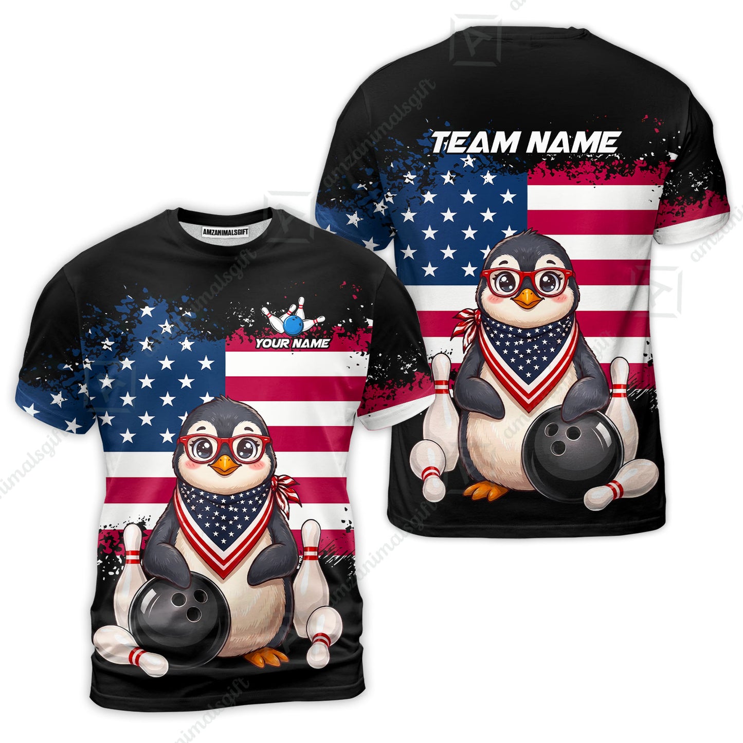Custom Bowling Jersey Polo Shirt, Animal With Glasses And Bandana America Flag, Personalize Name & Team Name