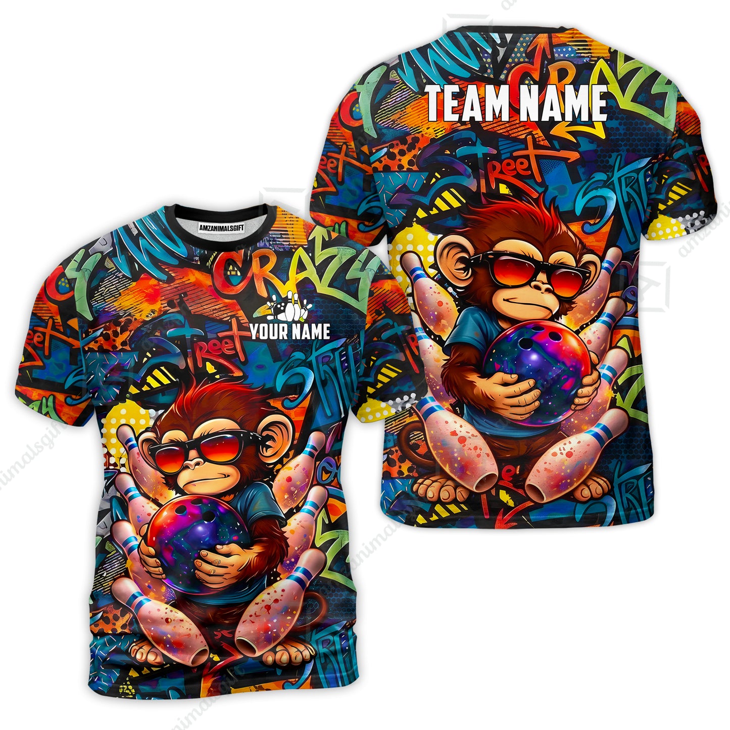 Custom Bowling Jersey Polo Shirt, Street Graffiti Funny Monkey Mascot, Custom Bowling Jersey Team Shirt For Players With Name & Team Name