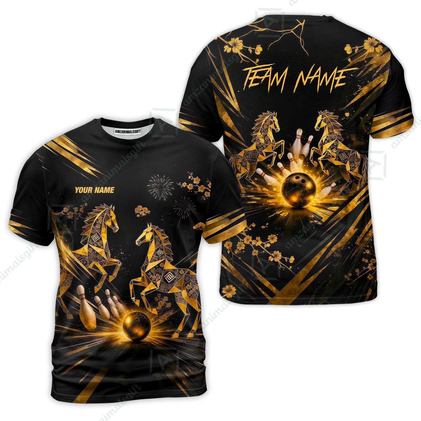 Custom Bowling Jersey Polo Shirt, Black Gold Horse, Custom Bowling Jersey Team Shirt For Players With Name & Team Name