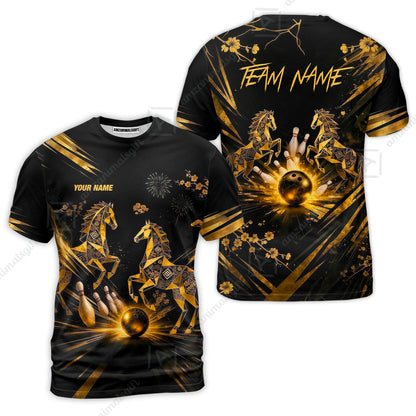 Custom Bowling Jersey Polo Shirt, Black Gold Horse, Custom Bowling Jersey Team Shirt For Players With Name & Team Name