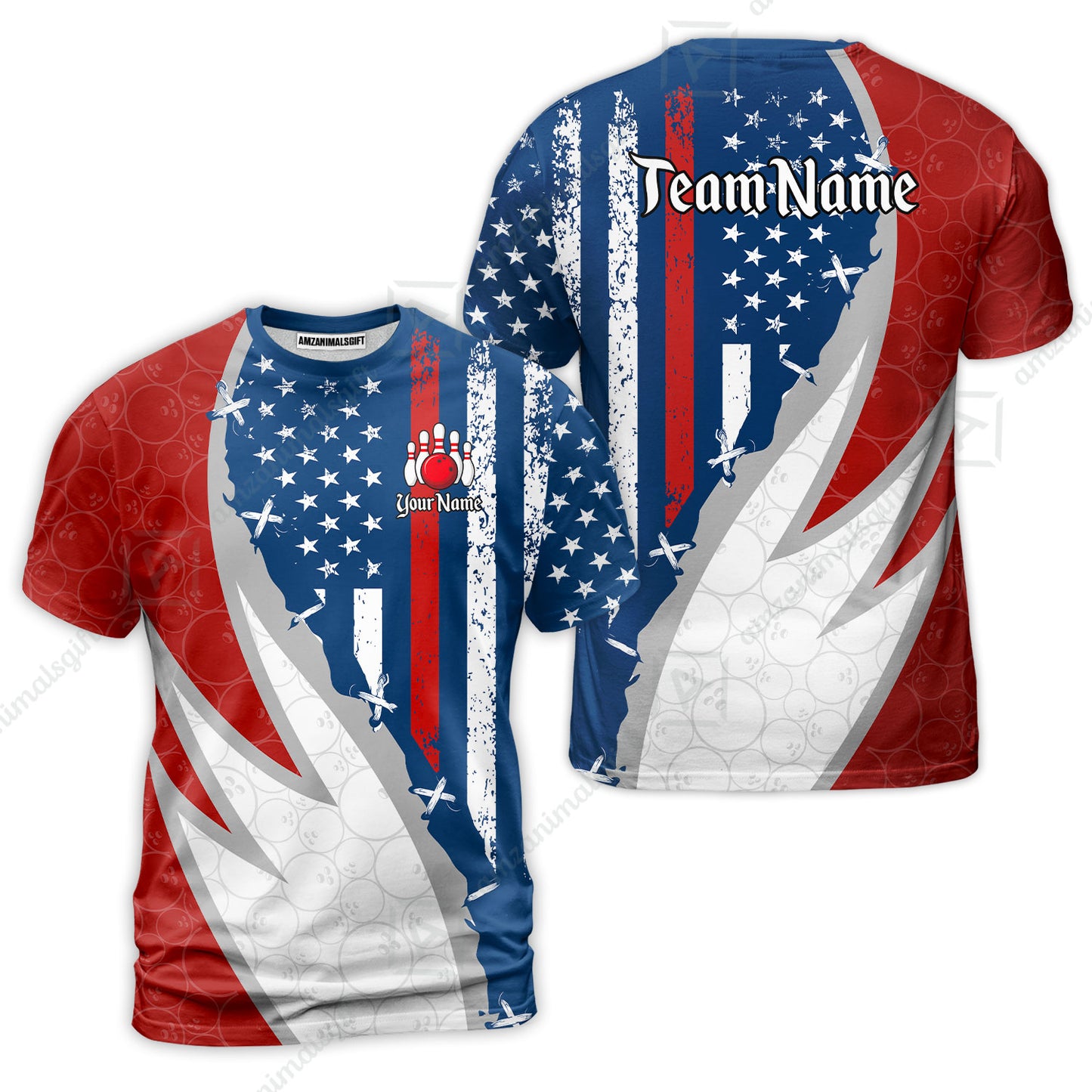 Custom Bowling Jersey Polo Shirt, Thin Red Line With Vintage Distressed American Flag, Personalize Name and Team Name