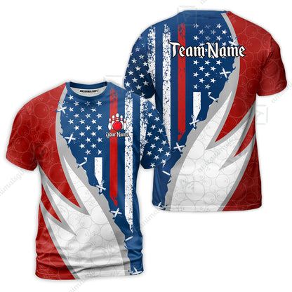 Custom Bowling Jersey Polo Shirt, Thin Red Line With Vintage Distressed American Flag, Personalize Name and Team Name