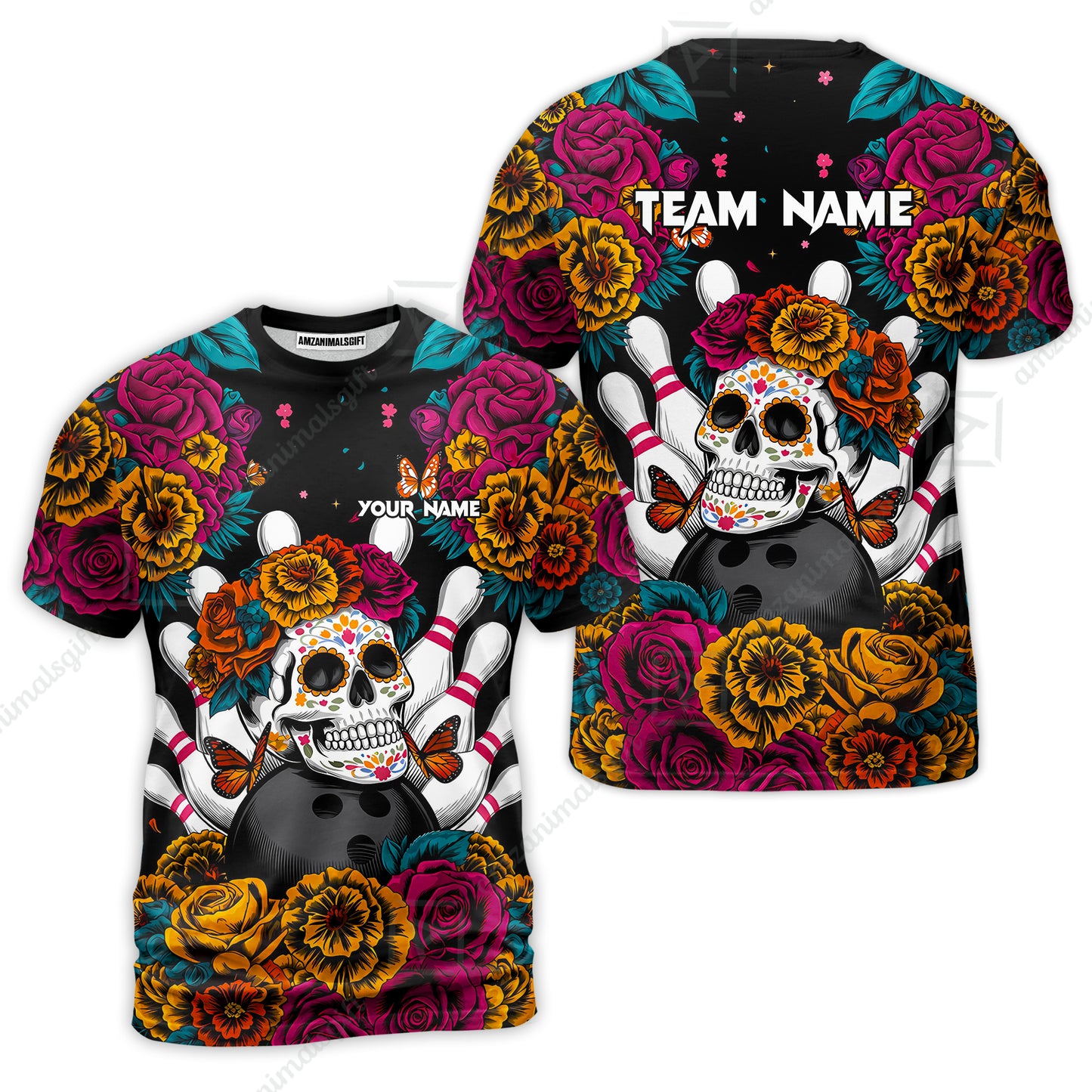 Custom Bowling Jersey Polo Shirt, Floral Skull Bowling, Personalize Name and Team Name