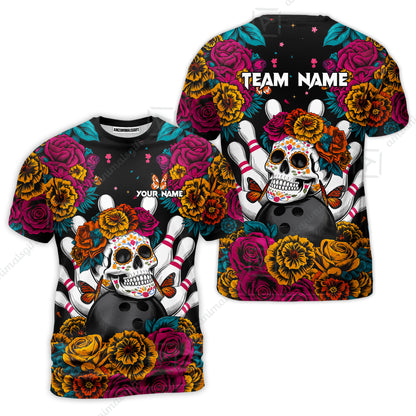 Custom Bowling Jersey Polo Shirt, Floral Skull Bowling, Personalize Name and Team Name
