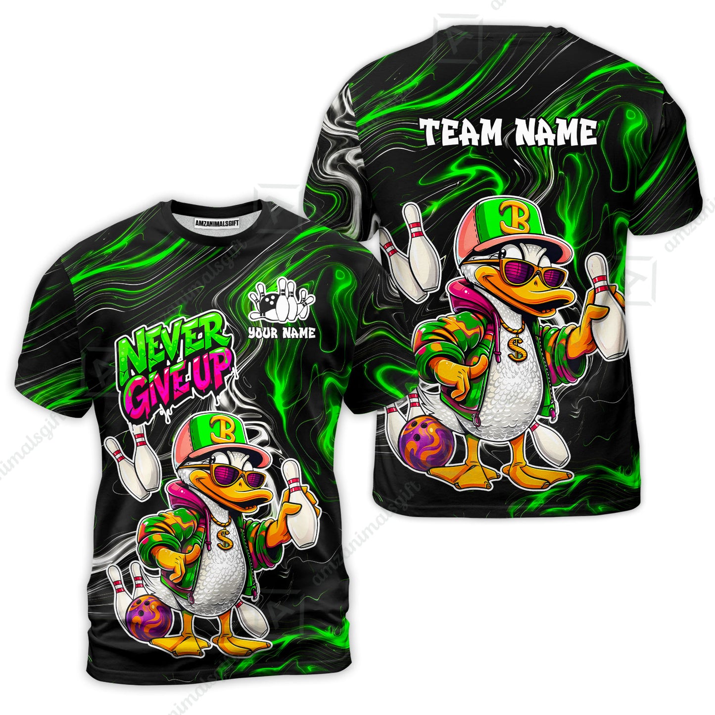 Custom Bowling Jersey Polo Shirt, Duck Never Give Up, Custom Bowling Jersey Team Shirt For Players With Name & Team Name