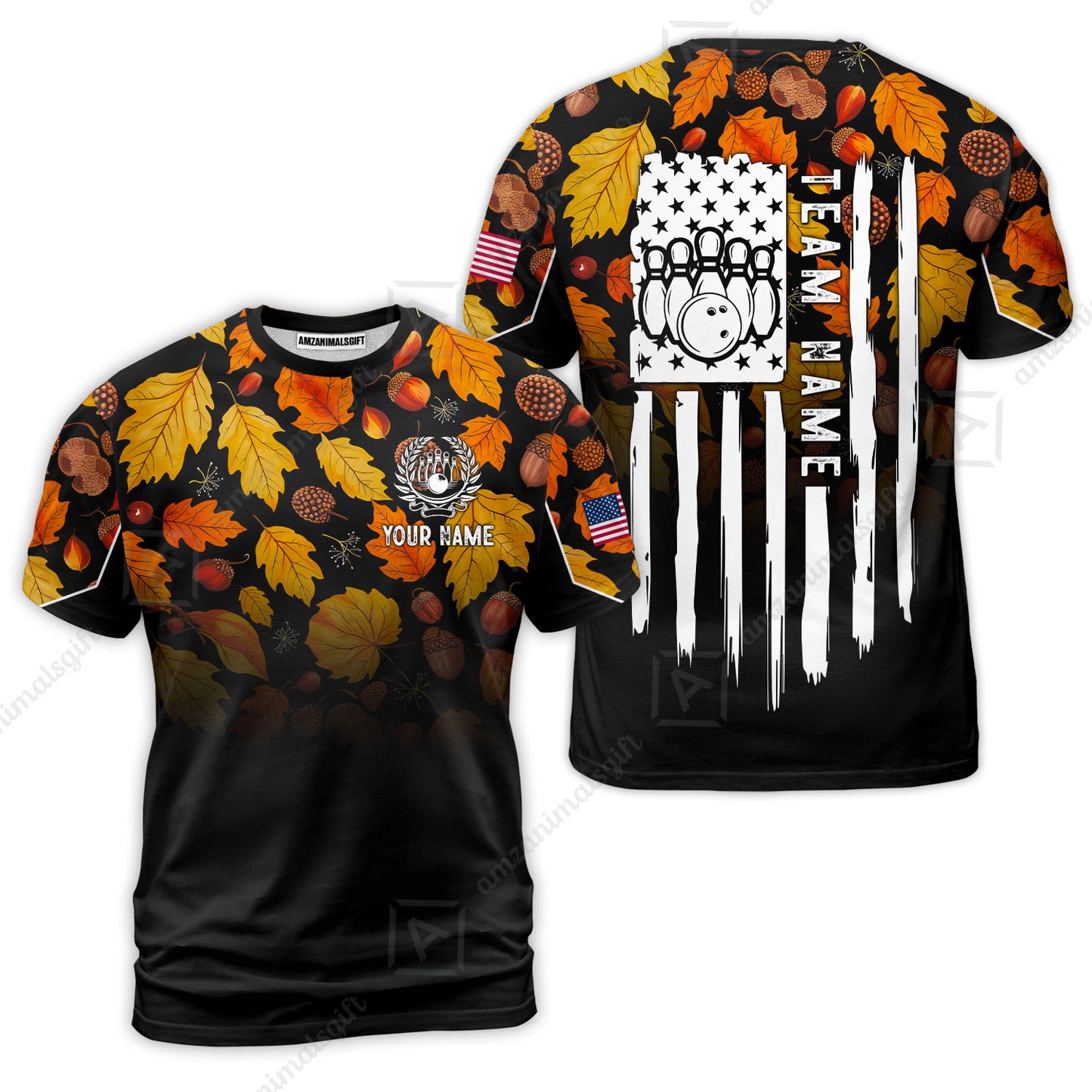 Custom Bowling Jersey Polo Shirt, Autumn Leaves Patriotic Vertical Flag, Custom Bowling Jersey Team Shirt For Players With Name and Team Name