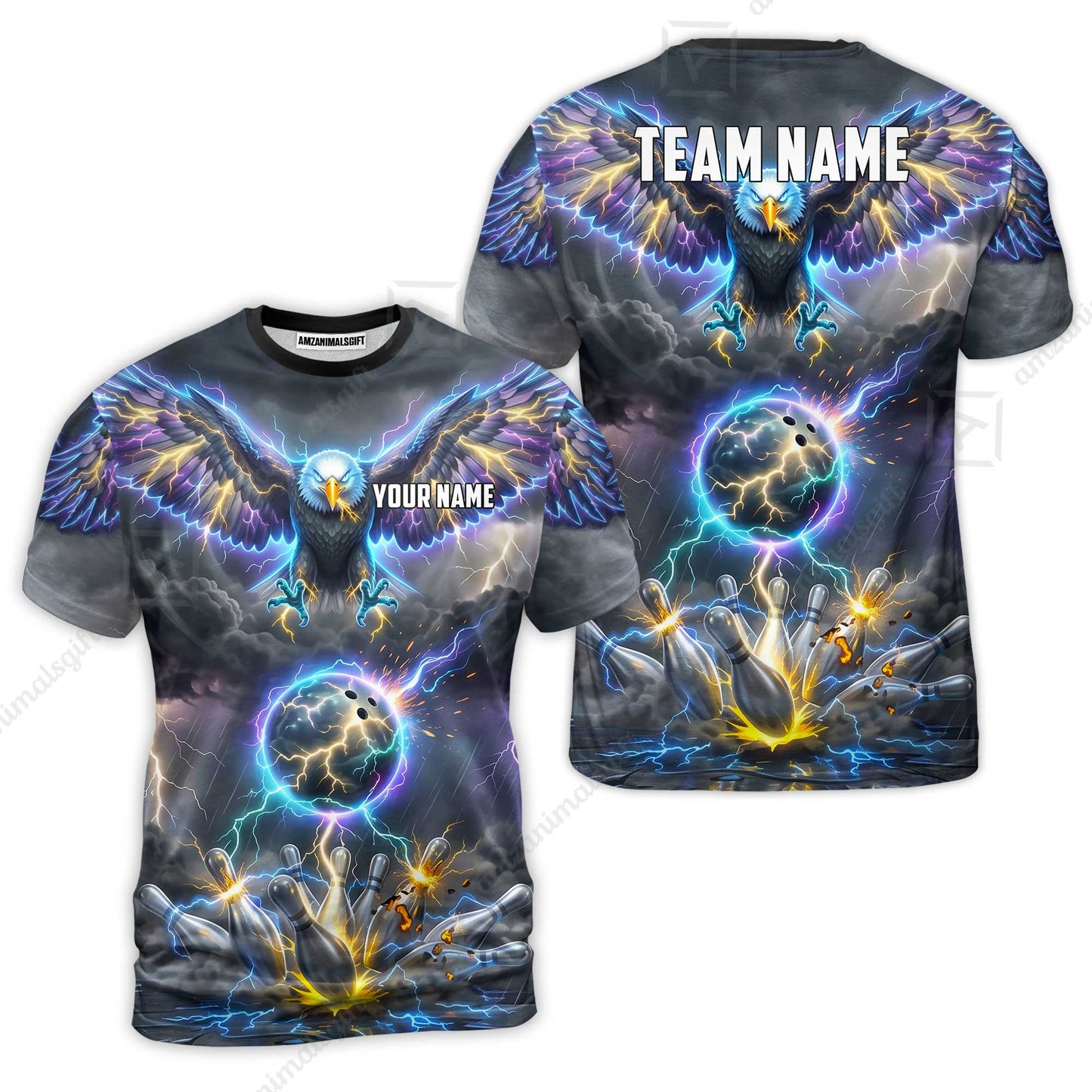 Custom Bowling Jersey Polo Shirt, Majestic Electric Lightning Eagle, Custom Bowling Jersey Team Shirt For Players With Name and Team Name