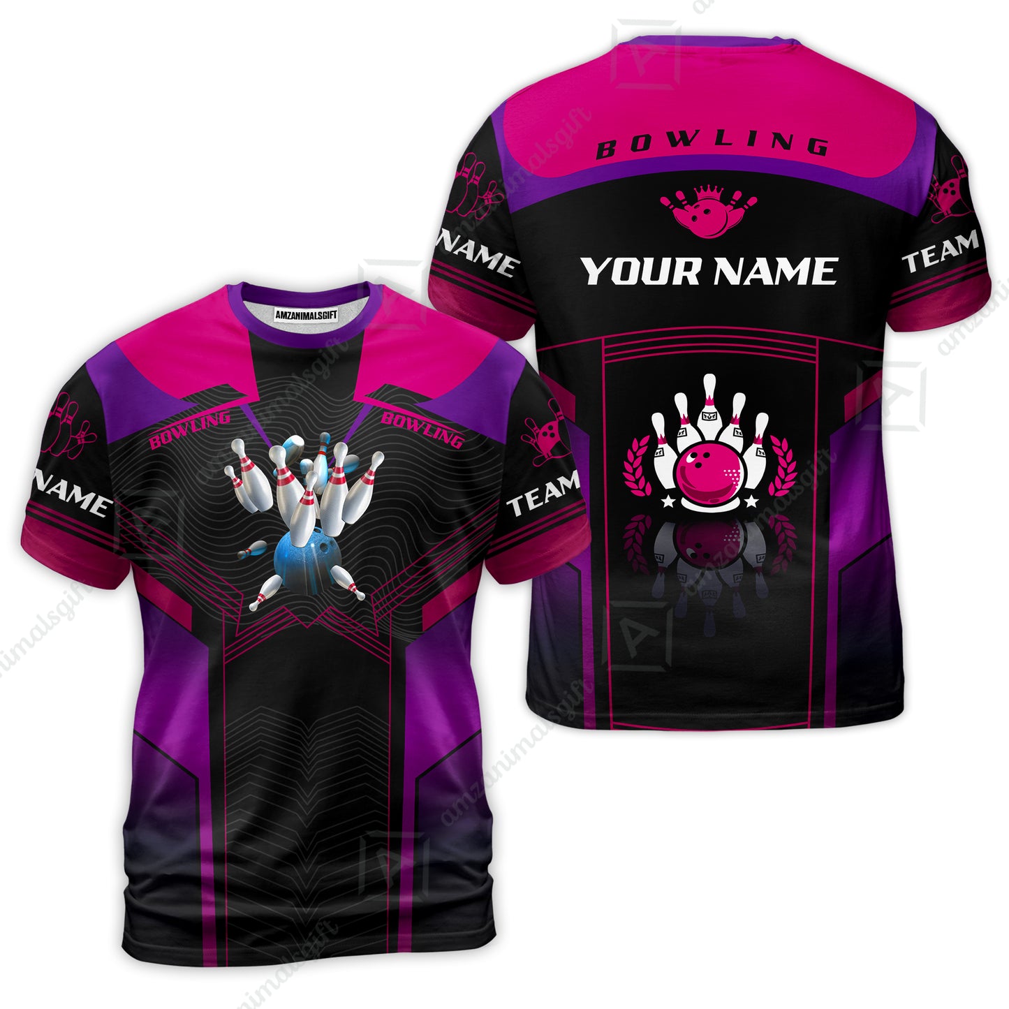 Customized Bowling Jersey Shirt, The Blue Bowling Ball Crashing The Pins Purple Pattern Personalized Name Team Name Logo Team For Bowling Team