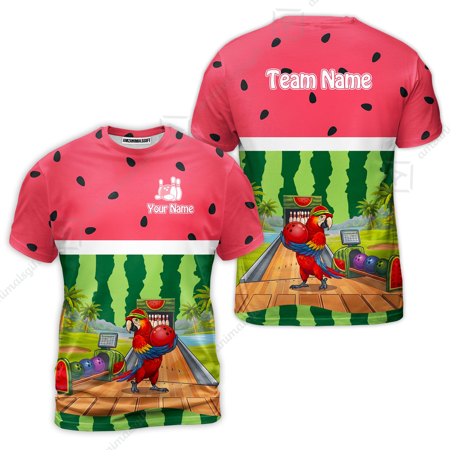 Custom Bowling Jersey Polo Shirt, Tropical Watermelon Parrot Macaw, Custom Bowling Jersey Team Shirt For Players With Name and Team Name