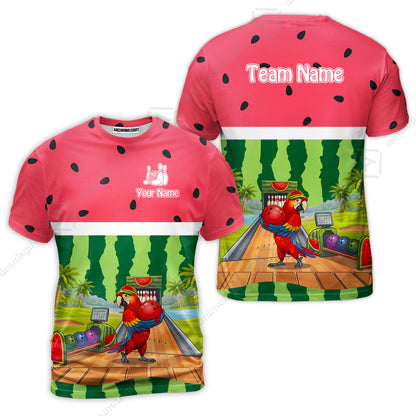 Custom Bowling Jersey Polo Shirt, Tropical Watermelon Parrot Macaw, Custom Bowling Jersey Team Shirt For Players With Name and Team Name