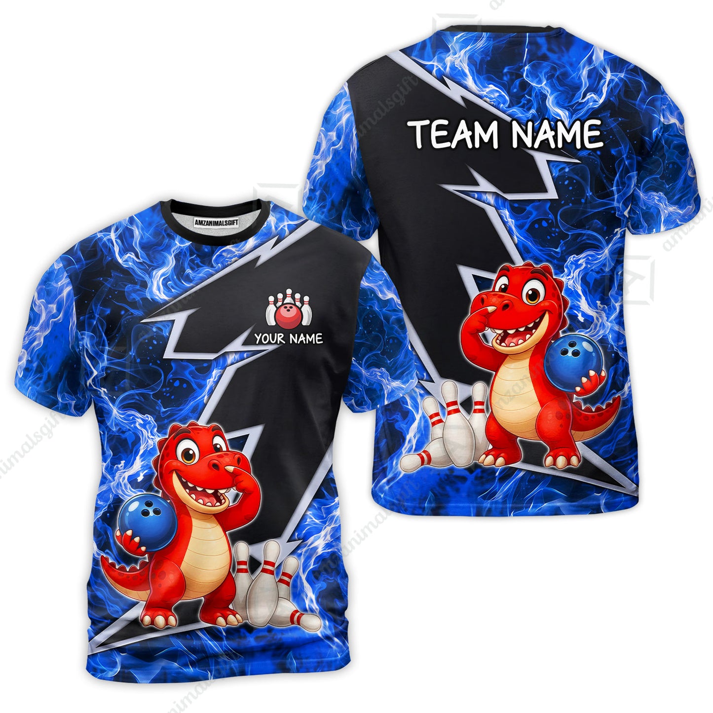 Custom Bowling Jersey Polo Shirt, Fire Lightning Dino Strike, Custom Bowling Jersey Team Shirt For Players With Name and Team Name