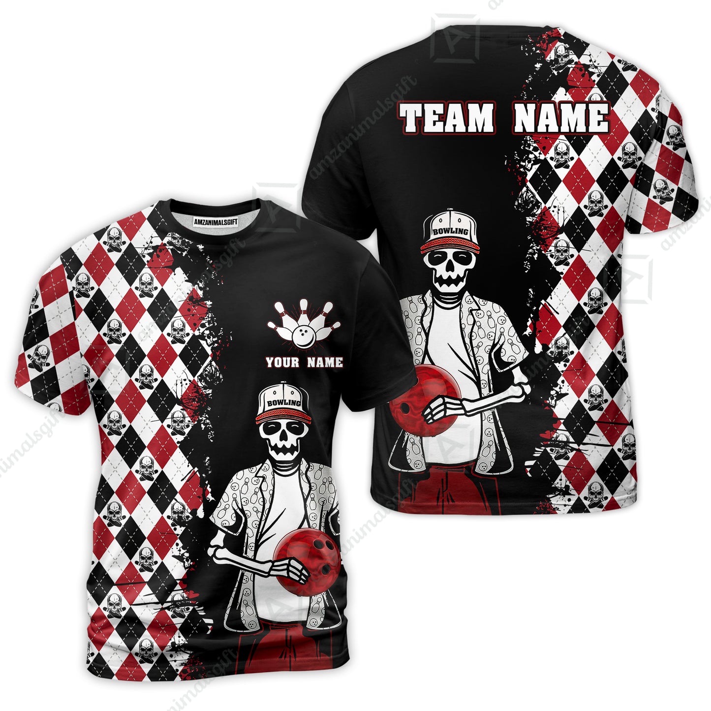 Bowling Custom Bowling T-Shirt - Custom Name Skull Men, Argyle Bowling Pattern Personalized Bowling Polo Shirt - Perfect Gift For Friend, Family