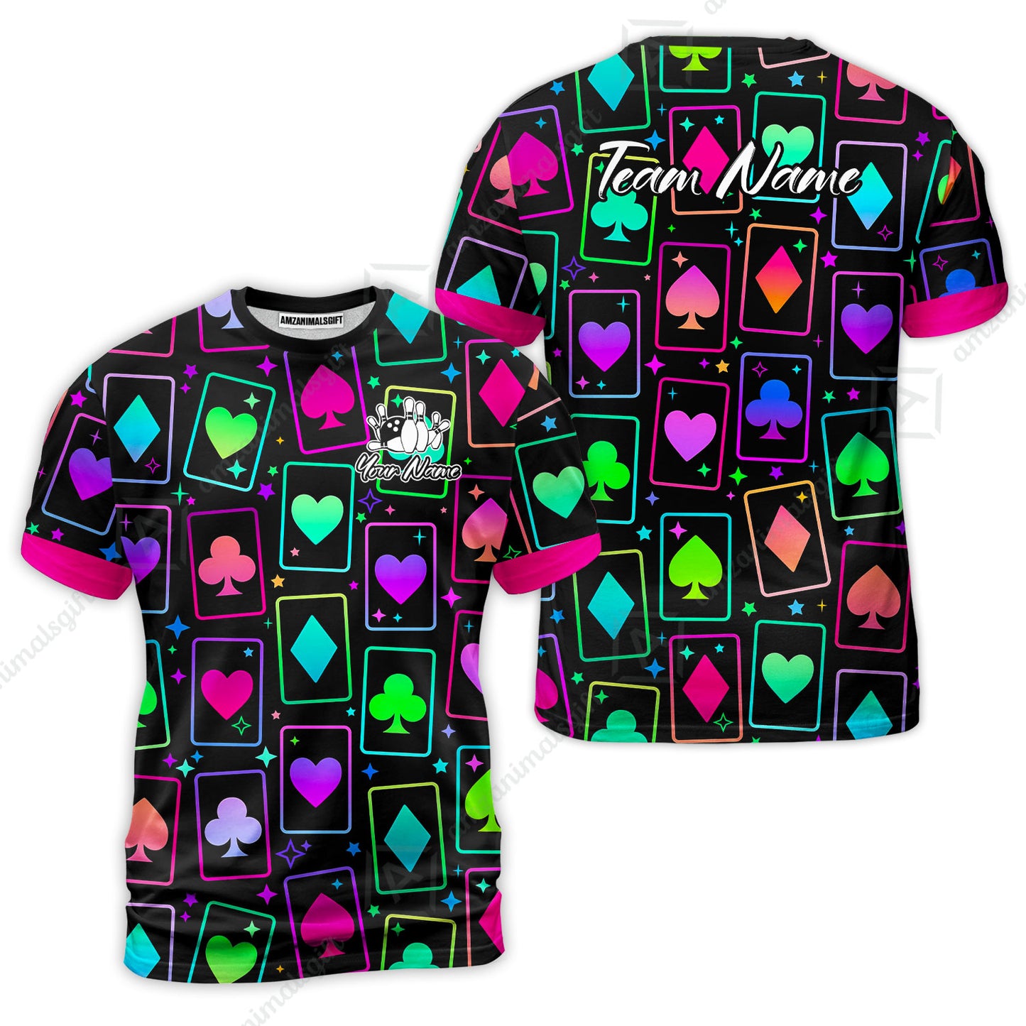Custom Bowling Jersey Polo Shirt, Cards Neon Bowling, Custom Bowling Jersey Team Shirt For Players With Name and Team Name