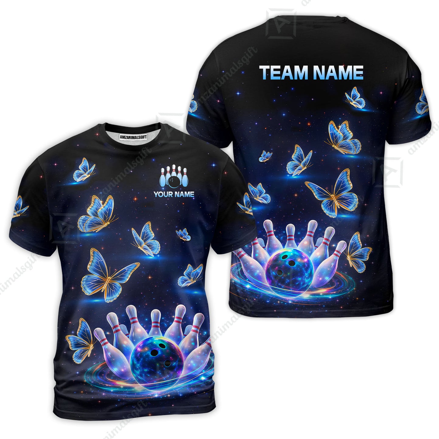Custom Bowling Jersey Polo Shirt, Bowling Butterfly Galaxy Neon Light, Personalized Name And Team Name