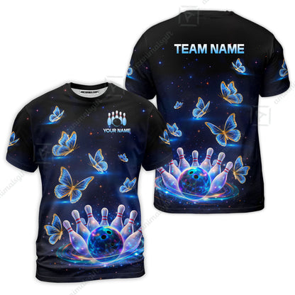 Custom Bowling Jersey Polo Shirt, Bowling Butterfly Galaxy Neon Light, Personalized Name And Team Name