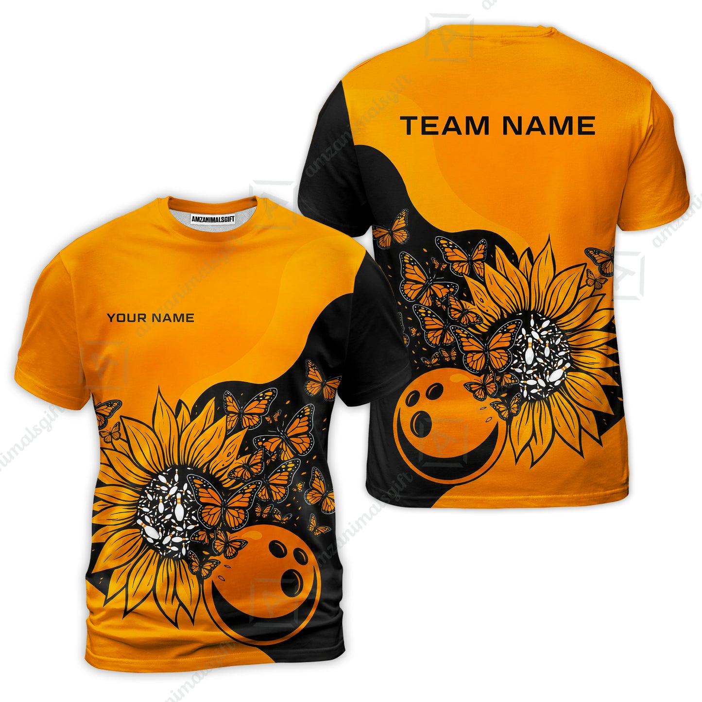 Custom Bowling Jersey Polo Shirt, Radiant Sunflower Butterfly Bloom, Custom Bowling Jersey Team Shirt For Players With Name and Team Name