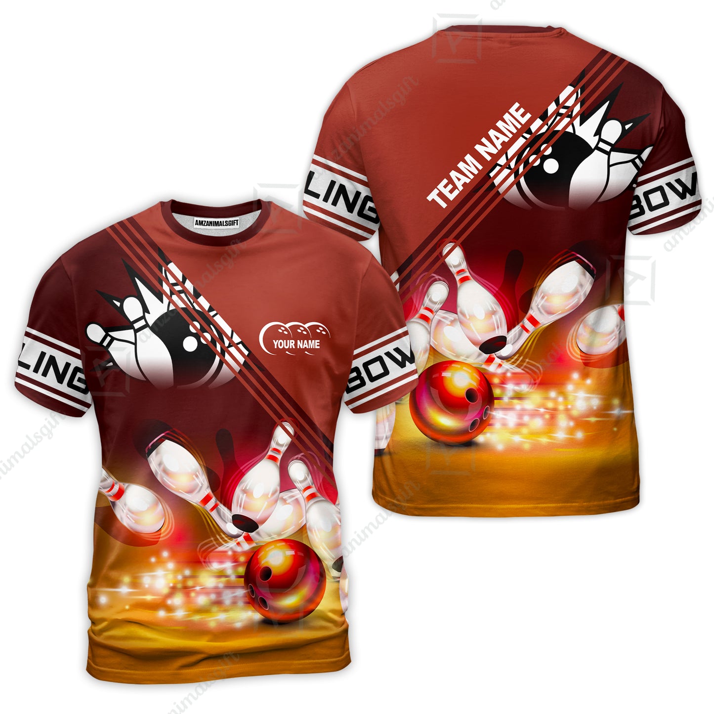 Customized Bowling Jersey Shirt, Red Bowling Ball Crashing into the Pins Personalized Name Team Name Logo Polo Shirts for Tom Taylor